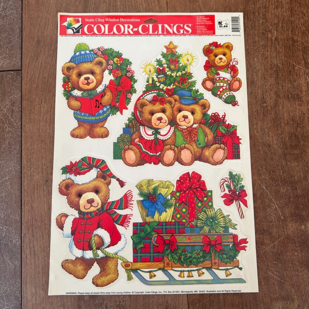 Vintage Christmas Teddy Bear Color-Clings Static Window Decorations Kmart 1990s
